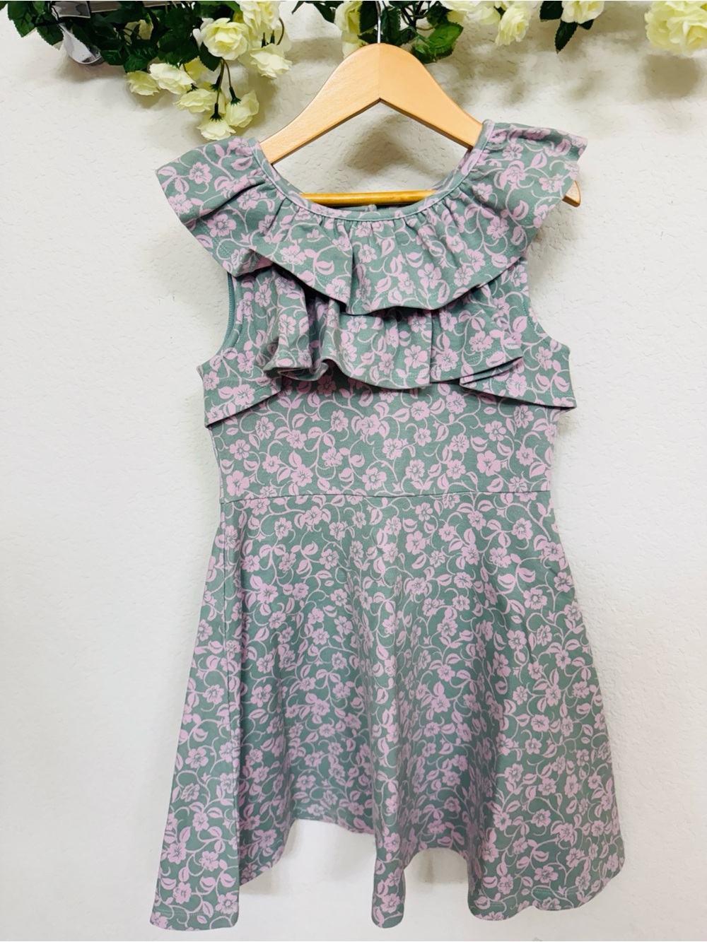 Janie and Jack • Girls Sage Green Pink Floral Ruffle Fit & Flare Dress